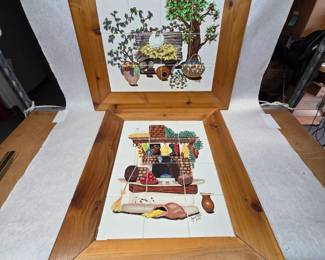 2 Vintage Hand Painted Ceramic Tile Art Wall Hangings, Wood Framed
