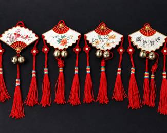 Vintage Chinese Fan Ornaments Set of 4 - Painted Designs, Bells & Red Tassels - Potterville