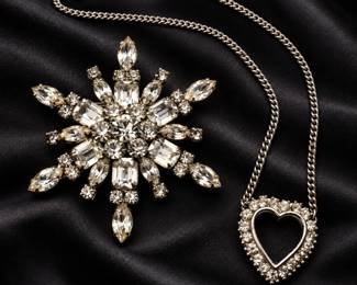 Vintage Rhinestone Heart Pendant Necklace & Snowflake Brooch