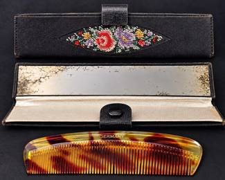 Vintage 1940-50s German Bakelite Tortoiseshell-Style Comb & Petit Point Floral Mirror Case