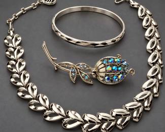 Vintage Leaf Link Necklace, Monet Bangle & Rhinestone Flower Brooch