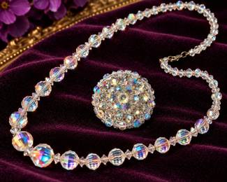 Vintage Aurora Borealis Faceted Glass Necklace & Dazzling AB Rhinestone Cluster Brooch