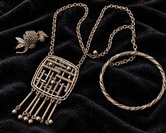 Vintage Silver Tone Fringe Necklace, Thistle & Bee Pin, Rope Bangle