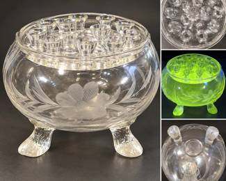 Vintage Viking Glass Flowerlite 3-Foot Etched Floral Bowl w/ Glass Flower Frog UV Reactive