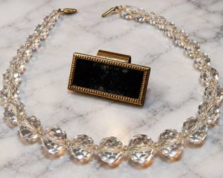 Vintage Graduated Faceted Crystal-Style Necklace & Brass Lipstick Mirror Clip 2-Piece Lot