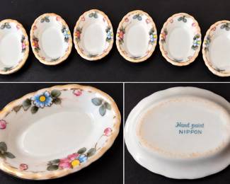 Antique Nippon Hand-Painted Floral Porcelain Butter Pats Set of 6, c. 1900-1921