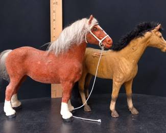 Vintage 1980s Flocked Clydesdale and Buckskin Horse Pair with Orig Halter and Lead