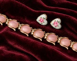 Vintage Coro Pegasus Enamel Earrings & Pink Moonglow Bracelet