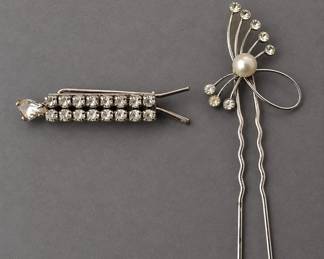 Vintage 1950s Rhinestone Barrette + Pearl Crystal Hairpin