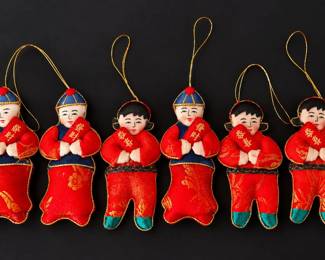 Vintage Chinese Red Brocade Lucky Children Hanging Ornaments Set of 6