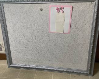 Silver framed fabric bulletin board ideal for seating charts or photo gallery for festive events