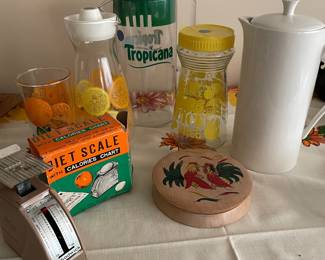 Vintage putchers, hamburger press, diet scale with box