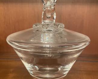 Steuben hand blown glass candy jar with ram’s head