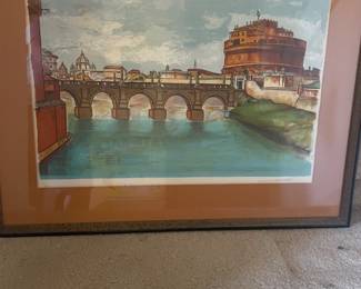 Vintage original lithograph of St. Angelo Bridge in Italy by Secondo Raggi. Numbered 85/275. Includes seal of certification