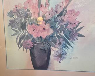 Gold framed print of flower filled vase. Measures 29” by 25”