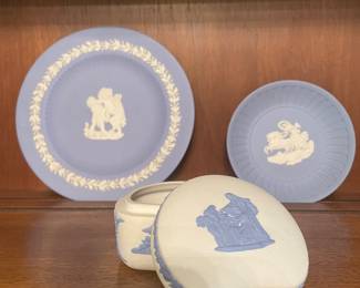 Assorted Wedgewood Blue pieces. Miniature round fluted dish depicting figure and horse drawn carriage includes original box