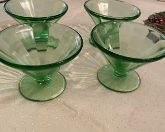 Set of four vintage green depression glass footed dessert bowls