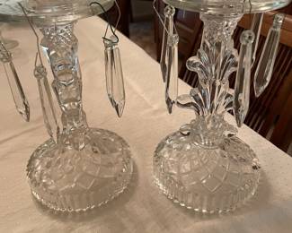 Vintage clear glass candle holders with dangling prisms