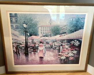 Large Framed Original Color Lithograph “Flower Market Nice” by Chun with COA