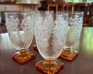168 vintageetchedglassgobletswithamber
