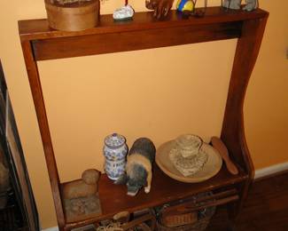Antique Shelf Stand with smalls, Basket items.