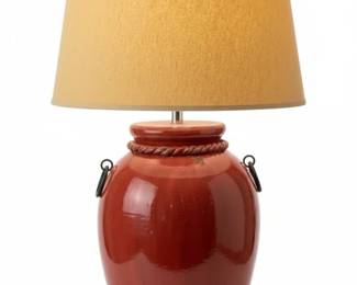 Rustic Red Glazed Pottery Table Lamp with Rope Detail