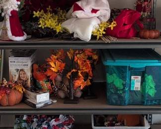 Assorted Holiday and Seasonal Decor Collection with Industrial Shelving Unit