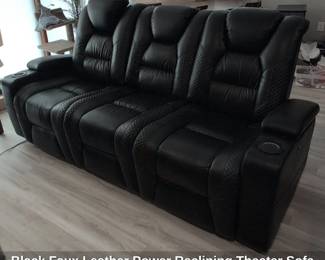 Black Faux Leather Power Reclining Theater Sofa