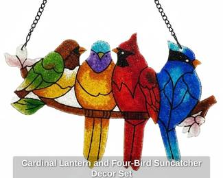 Cardinal Lantern and FourBird Suncatcher Decor Set