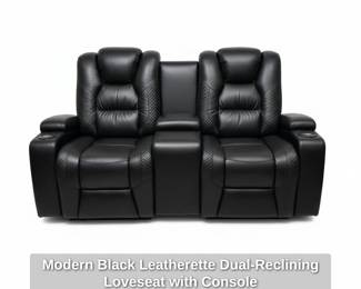 Modern Black Leatherette DualReclining Loveseat with Console