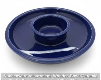 Kitchenware Assortment Wooden Bowl, Ceramic Garlic or Onion Keepers, and Blue ChipandDip Platter third image