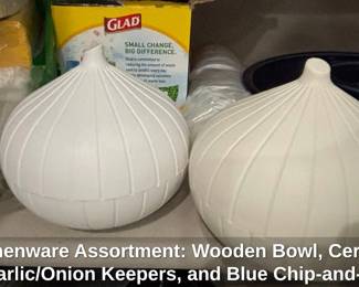 Kitchenware Assortment Wooden Bowl, Ceramic Garlic or Onion Keepers, and Blue ChipandDip Platter second image