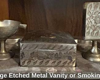 Vintage Etched Metal Vanity or Smoking Set