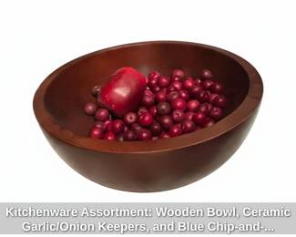 Kitchenware Assortment Wooden Bowl, Ceramic Garlic or Onion Keepers, and Blue ChipandDip Platter