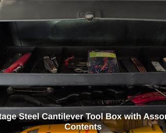 Vintage Steel Cantilever Tool Box with Assorted Contents