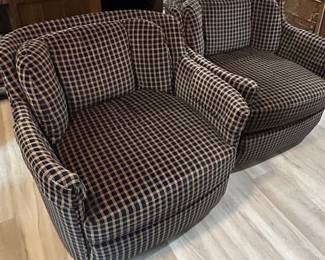Pair of Upholstered Swivel Barrel Chairs