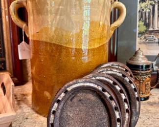($100 - Vintage rustic Italian jar - 11x11) ($18 - Set of 4 horseshoe coasters - 4.5”) 