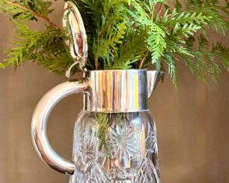 $80- etched glass pitcher with lid- approx 10" tall