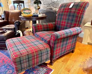 $400- plaid wool chair and ottoman with nailhead trim around base- by Hickory House- as is- chair: 35x28x41- ottoman: 28x22.5x16