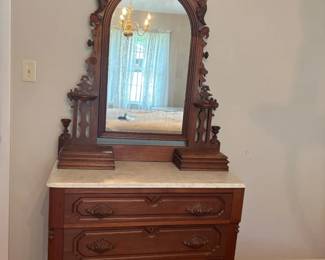 VictorianStyle Carved Dresser with Marble Top  Mirror