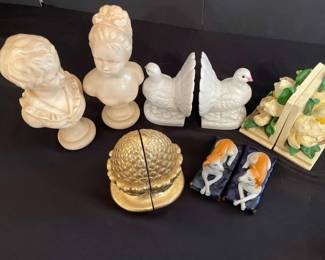Vintage Decorative Bookends  5 Pairs  Child Busts, Doves, Dogs, Florals  Gold Artichokes