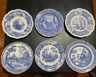 Collection of 6 Blue  White Transferware Decorative Plates  Assorted Patterns