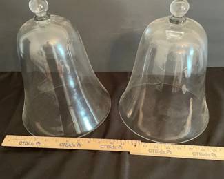 Pair of Large Clear Glass Bell Jar Cloches with Round Knob Handles  10 Tall