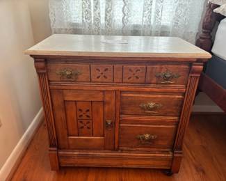 Antique Victorian Marble Top Washstand Cabinet with Drawers  Lion Head Pulls
