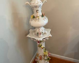 Ornate Porcelain Cherub Covered Urn  Floral Pedestal Stand  2 Pieces