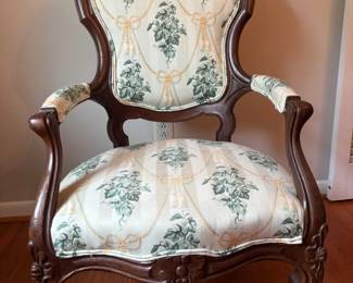 Antique VictorianStyle Carved Wood Upholstered Parlor Armchair with Casters