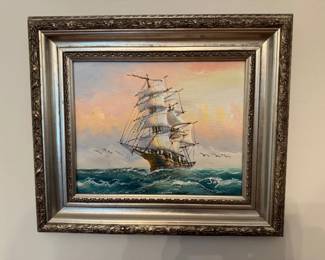 Sailing Ship Canvas Artwork with Ornate Metallic Frame