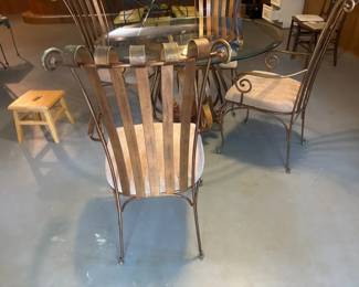 Ornate Wrought Iron  Glass Top Round Dining Table with 4 Upholstered Chairs  5Piece Set