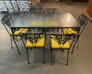 7Piece Wrought Iron Grape  Vine Patio Dining Set with Glass Top  Yellow Cushions