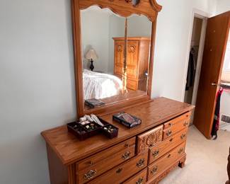 Long solid wood dresser, and mirror